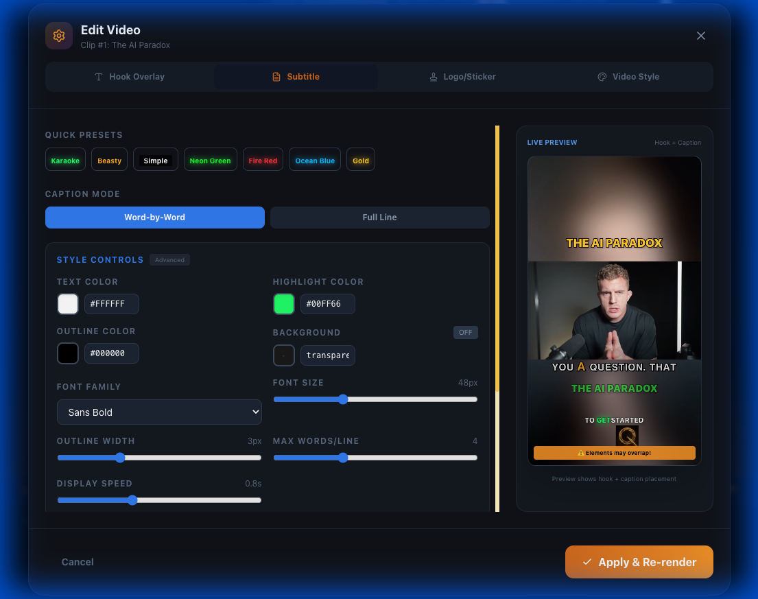 Hooks and subtitles settings